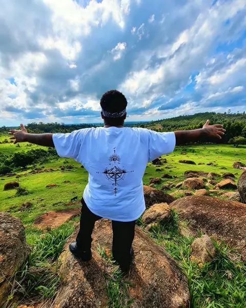 Francy de costas, de braços abertos, em cima de uma pedra num campo verde